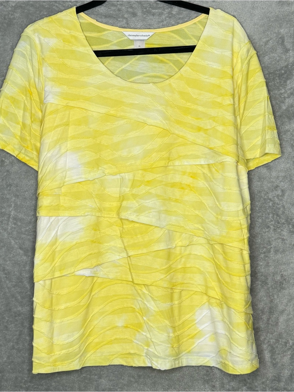 Christopher and Banks XL Shirt Top Yellow Tie Die Short Sleeve Scoop Neck Tiered